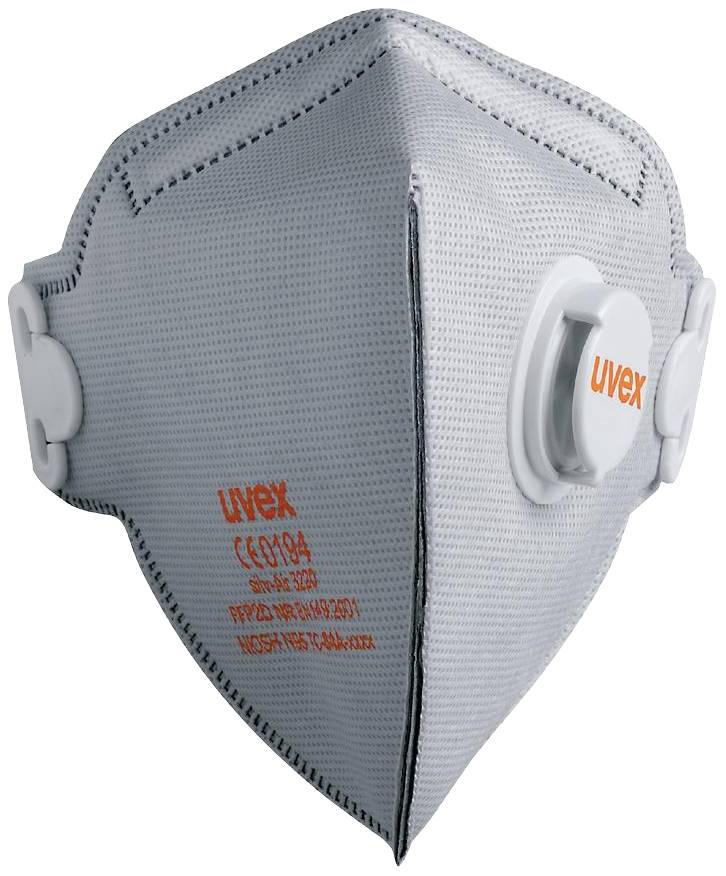 Un masque respiratoire gris avec valve, adapté pour la protection contre les particules fines et les poussières, équipé de bandes élastiques et portant un logo de marque.