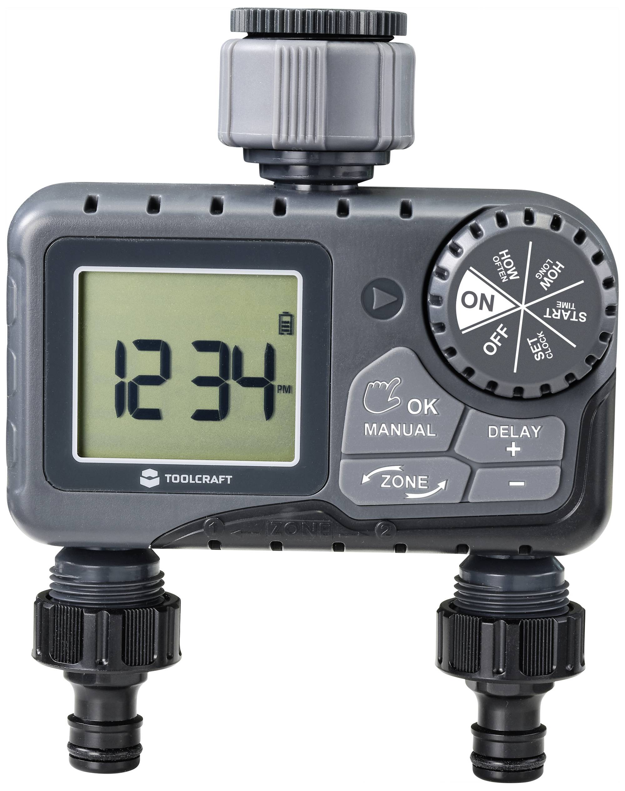 Un minuteur électronique d'irrigation avec un affichage numérique indique '12:34'. Il dispose d'un contrôle manuel, d'un réglage de délai et de deux connexions.