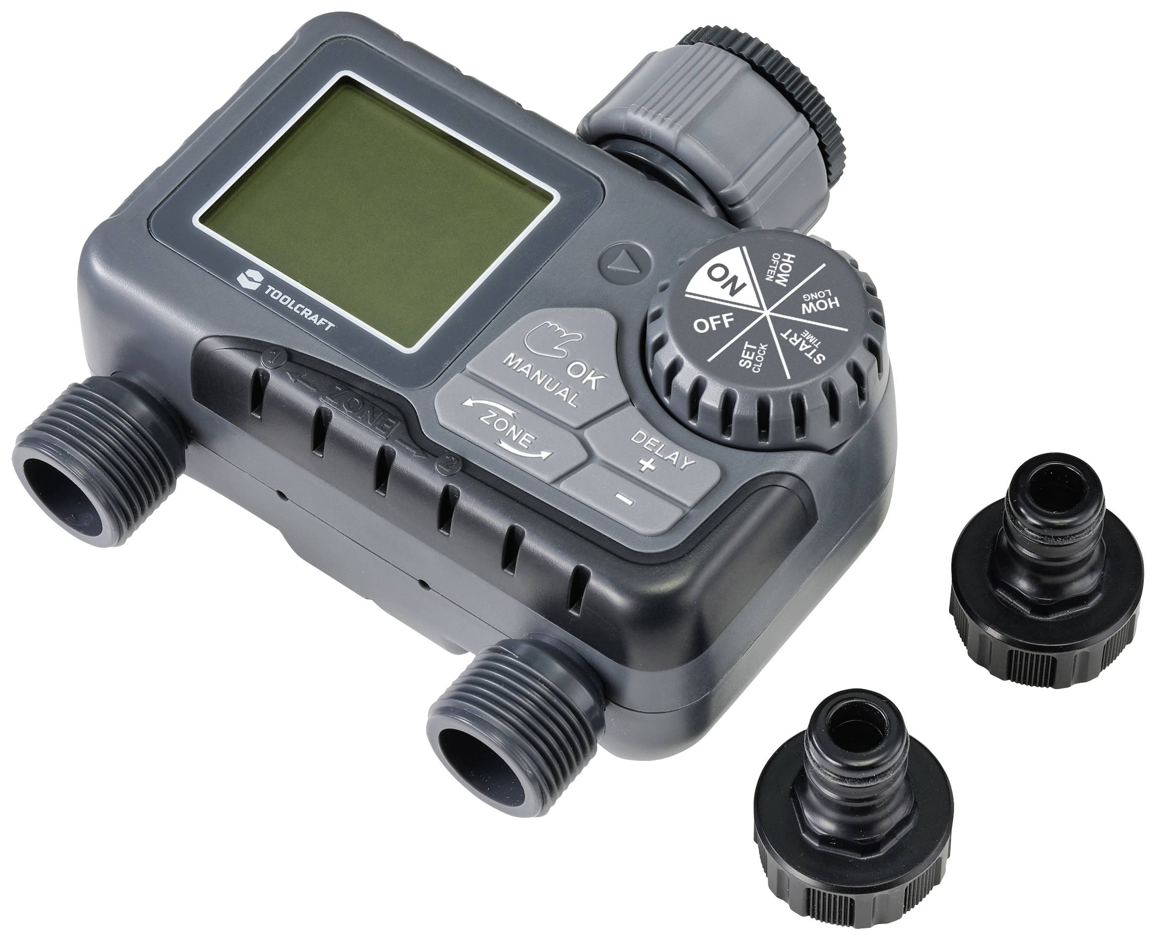 Contrôle électronique d'irrigation avec écran et bouton rotatif, deux adaptateurs de connexion, adapté à la planification simple de l'arrosage du jardin.