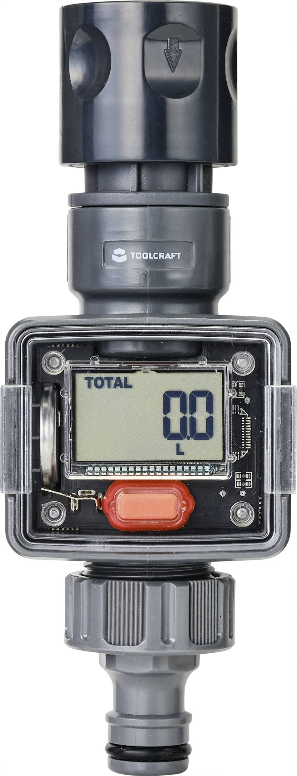 Un débitmètre numérique avec un affichage indiquant '00 L'. Appareil de TOOLCRAFT pour mesurer les volumes de liquides.