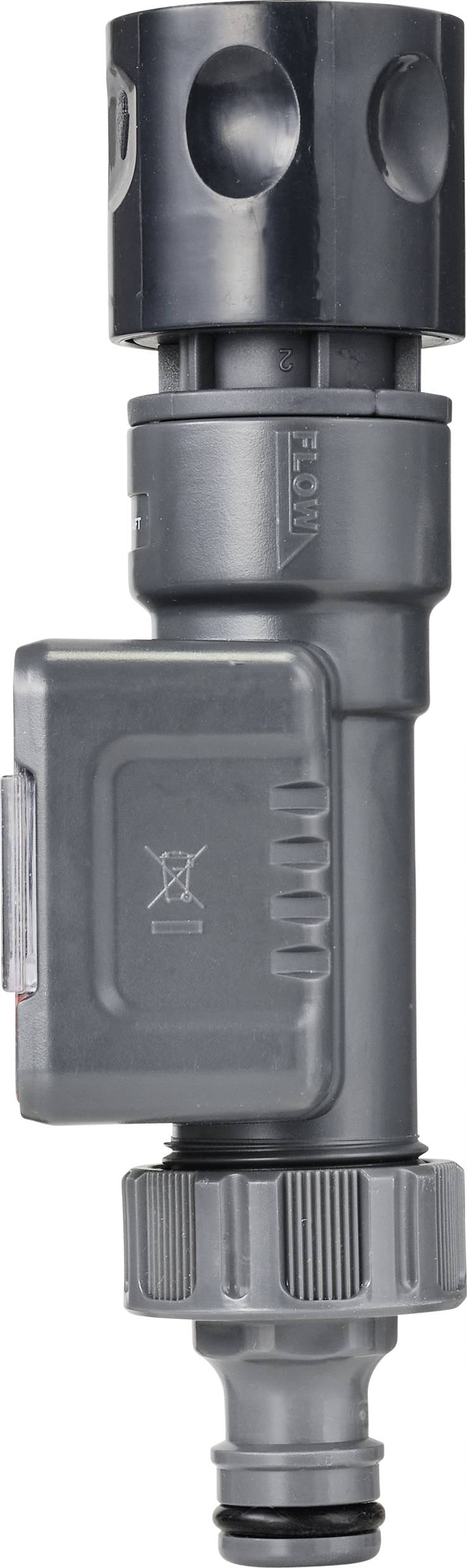 Adaptateur de douche de jardin gris en plastique avec plusieurs connexions et une buse pivotante. Adapté aux systèmes d'irrigation de jardin.
