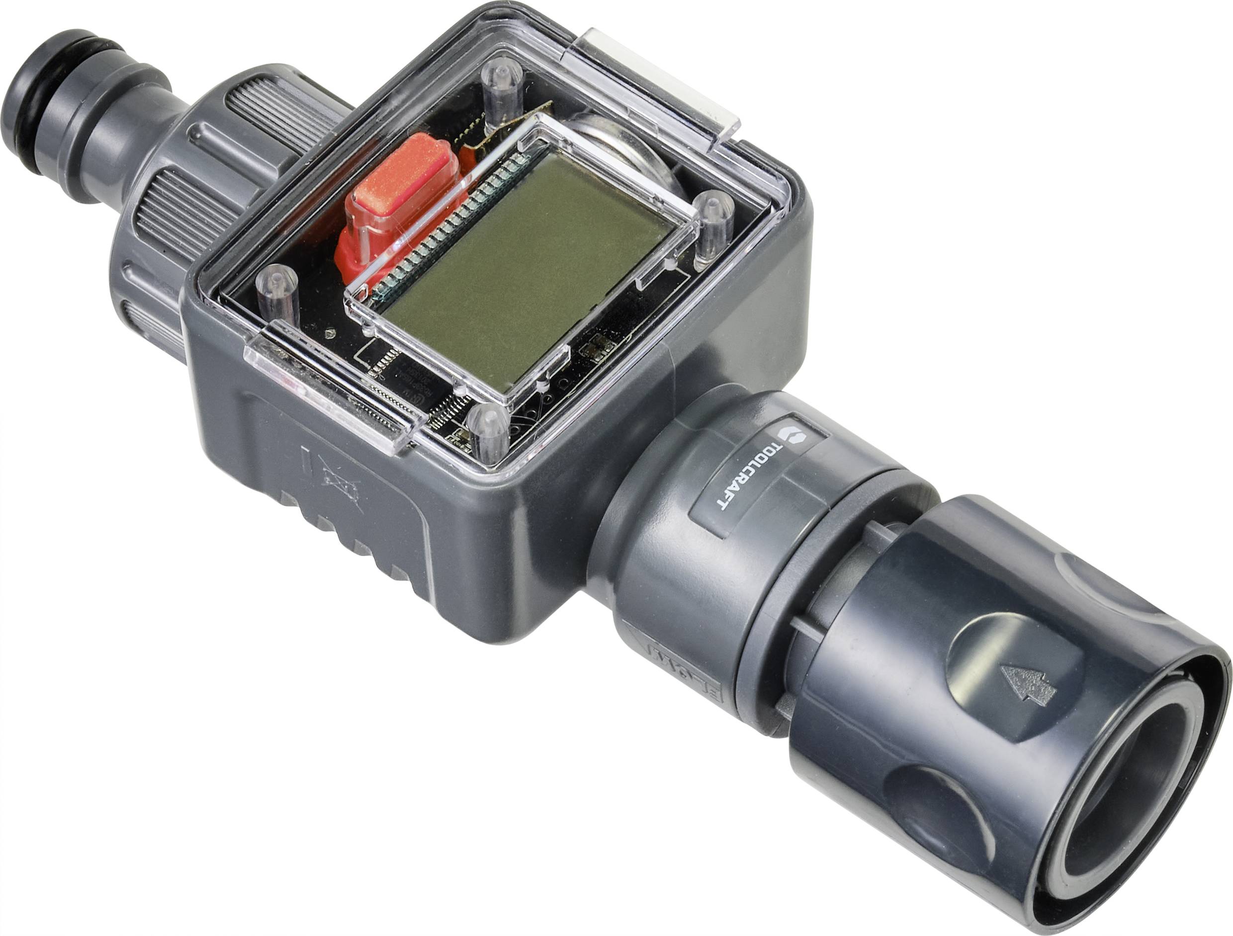 Une horloge d'irrigation numérique avec un écran LCD affichant les données de consommation d'eau, dotée de raccords périphériques pour tuyaux.