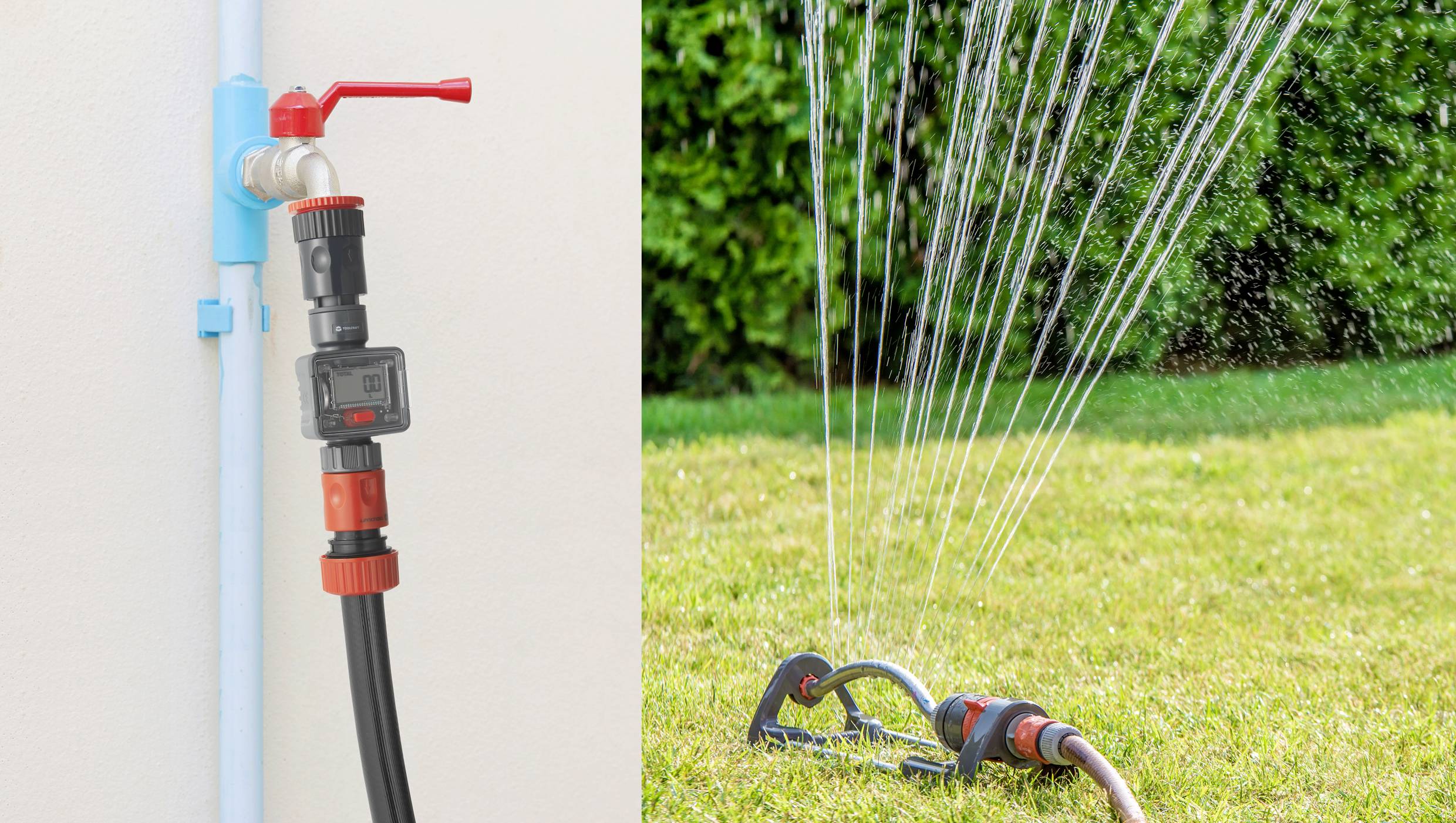 Un système d'irrigation de jardin : À gauche, un robinet avec raccord de tuyau, à droite un arroseur qui pulvérise des jets d'eau sur l'herbe.