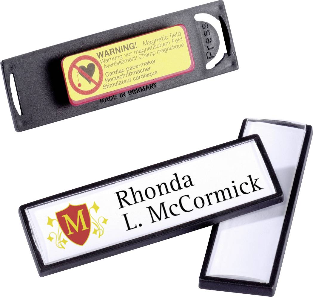 Porte-badge magnétique avec avertissement concernant les champs magnétiques et une possible interférence avec les stimulateurs cardiaques.