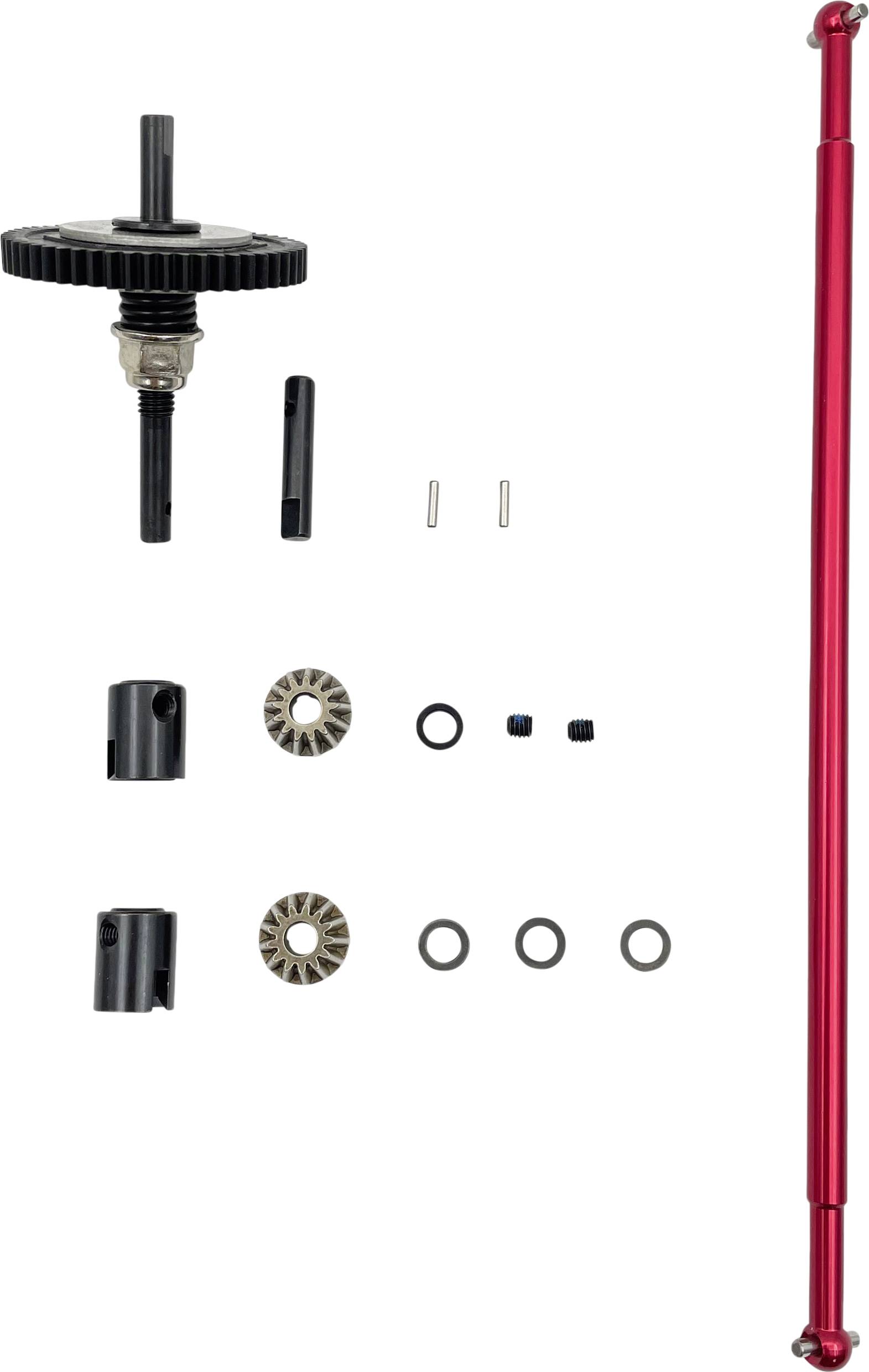Kit de construction en métal et en pièces plastiques pour un modèle de véhicule, comprenant des engrenages, un arbre et des pièces de connexion sur un fond blanc.