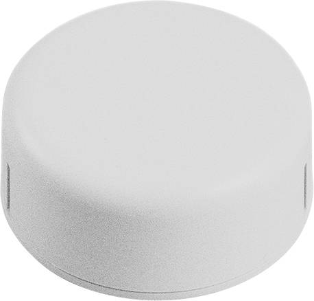 Couvercle rond en plastique blanc sur un fond blanc. Aucune marque ou texte n'est visible.