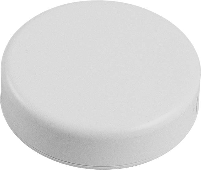 Couvercle en plastique blanc et rond sur un fond neutre.