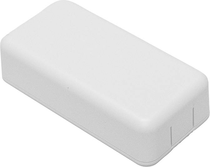 Boîte en plastique blanche rectangulaire sur fond blanc.