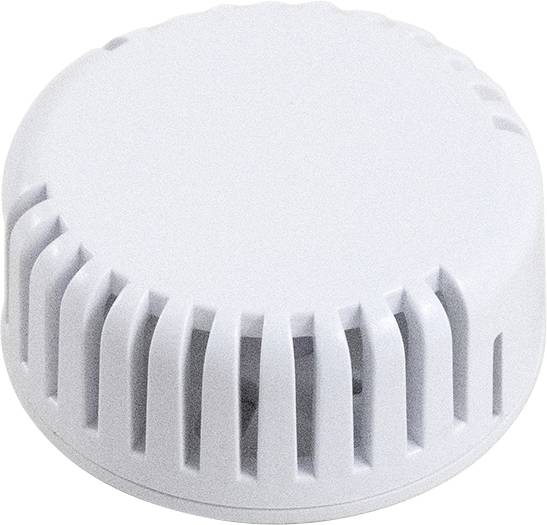 Un détecteur de fumée blanc avec des fentes de ventilation sur le côté.