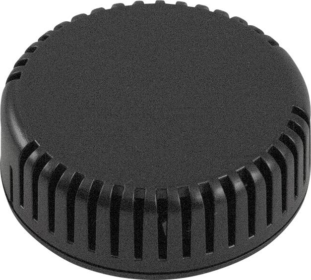 Couvercle plat et rond en plastique noir à bord cannelé. Couramment utilisé pour fermer des contenants ou des bouteilles.