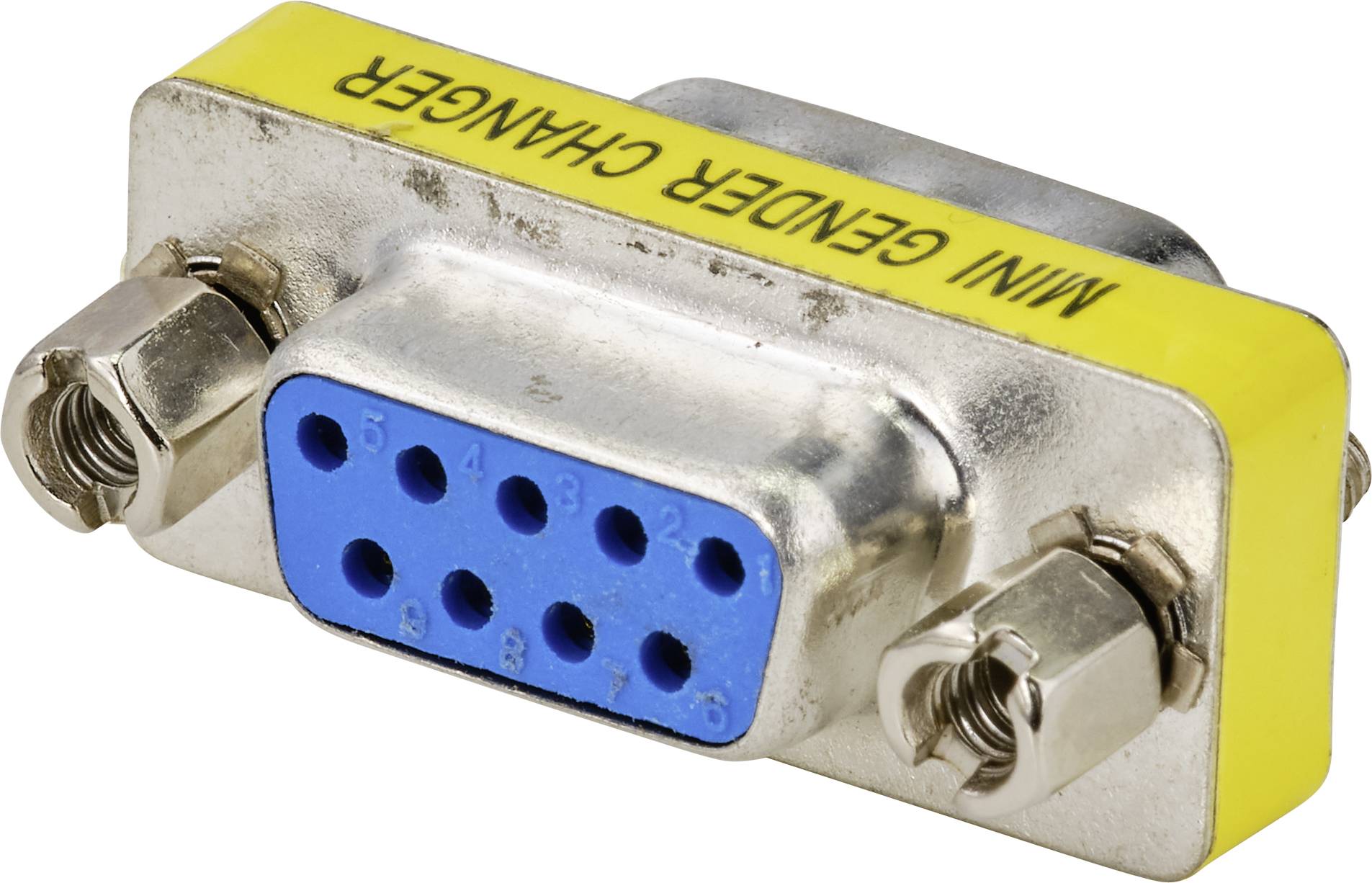 Un adaptateur femelle bleu à 9 broches avec un boîtier jaune. Portant l'inscription « Mini Gender Changer » sur le dessus. Utilisé pour convertir le genre des connexions.