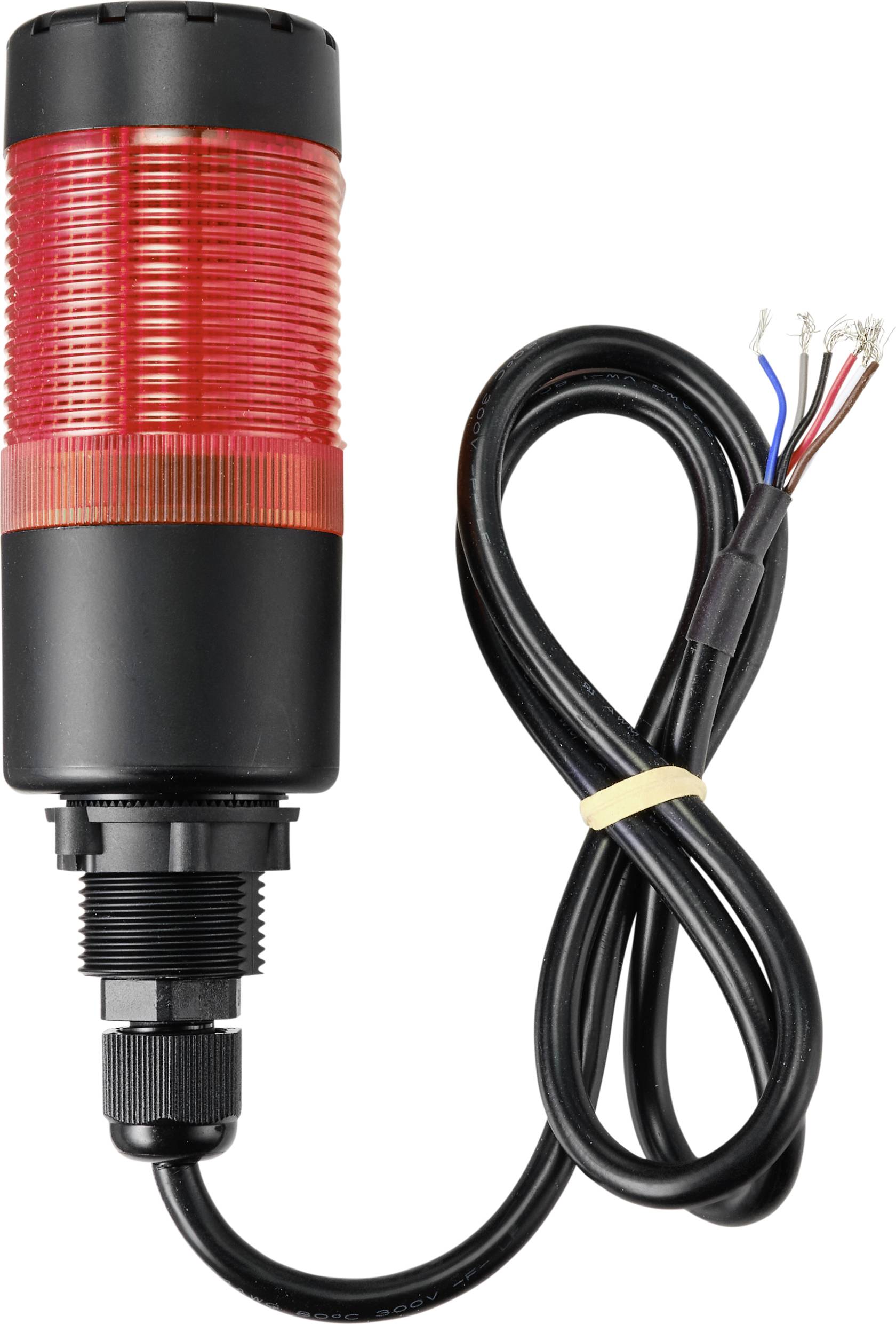 Voyant d'avertissement électronique avec lumière rouge et boîtier noir, auquel est fixé un câble noir aux extrémités de fils dénudés.