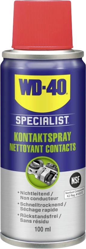 Bombe aérosol à capuchon rouge, étiquetée 'WD-40 Specialist Spray Contact'. Propriétés : non conducteur, séchage rapide, sans résidu. Contenu : 100 ml.