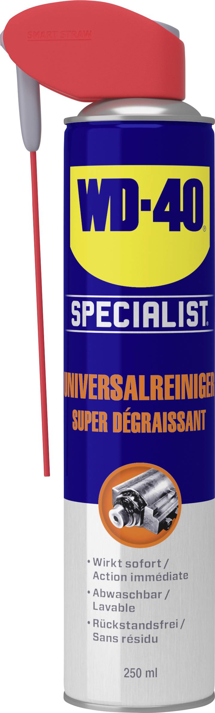 Une bombe de WD-40 Specialist Nettoyant Universel avec un embout de pulvérisation rouge. L'étiquette indique les domaines d'application, comme la capacité à être lavé.