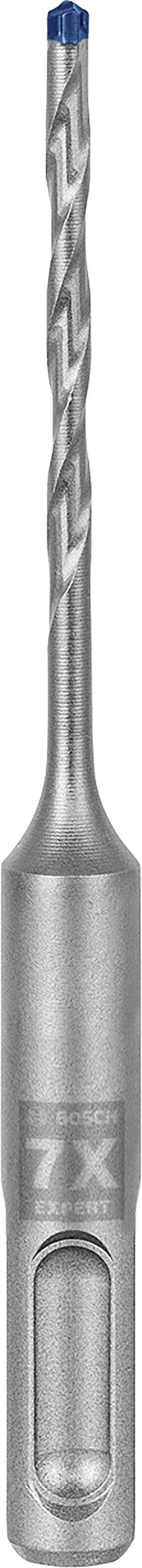 Foret en métal gris avec double structure spiralée et tête bleue, à utiliser dans des outils électriques.