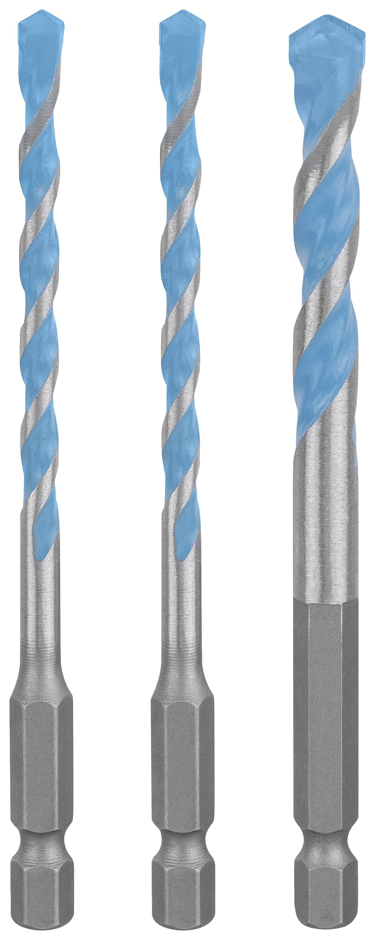 Trois forets gris avec des pointes bleues sont debout côte à côte. Ils ont des tailles différentes.