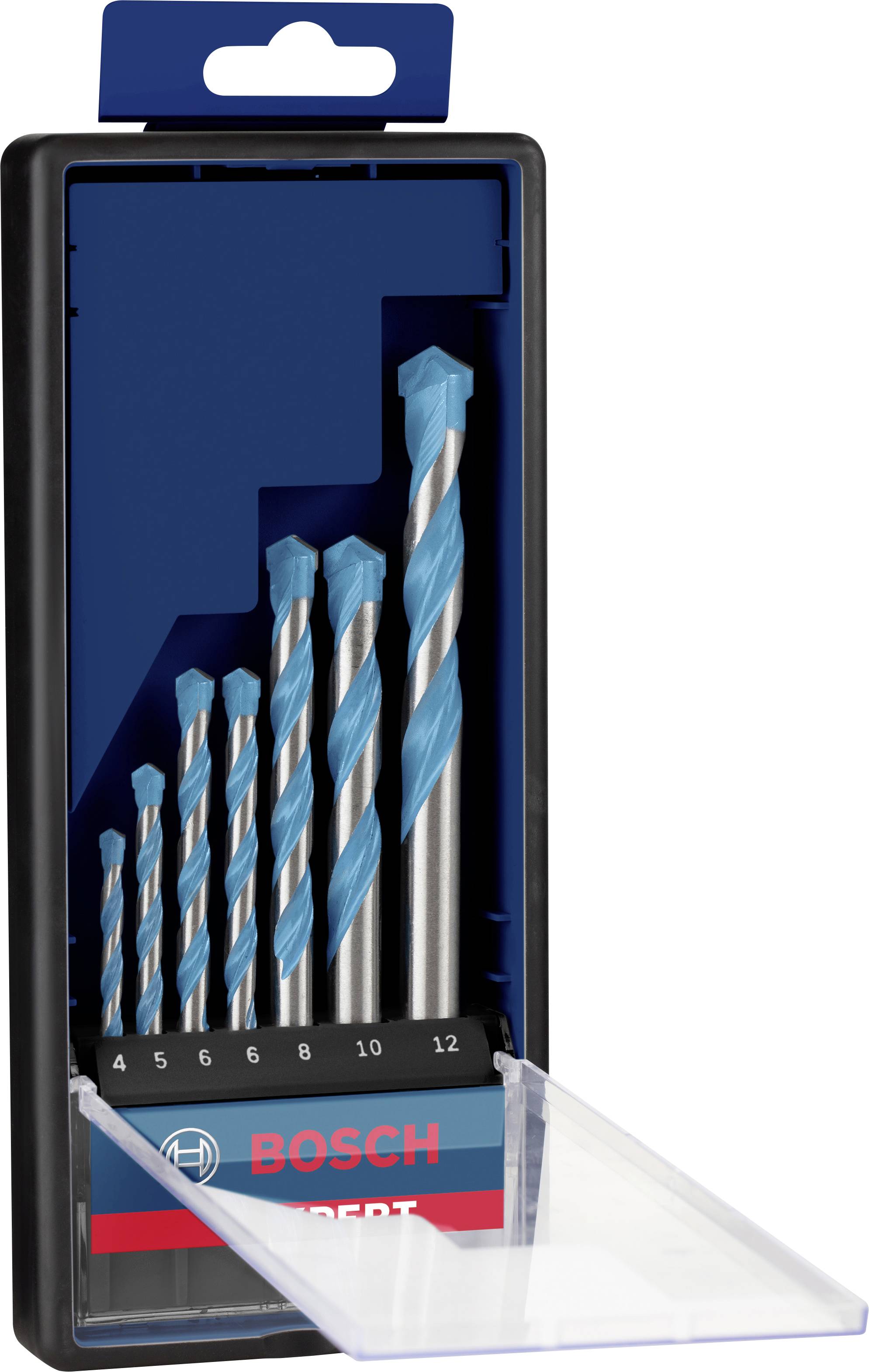 Un ensemble de six forets bleus dans un coffret noir ouvert, avec des tailles allant de 4 à 12 mm. Marqué 'Bosch Expert'.