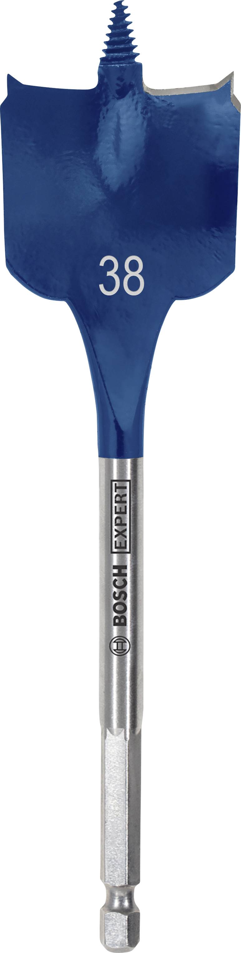 Foret avec une tête bleue portant l'inscription '38', muni d'une tige compatible avec le bois dur et portant l'impression 'Bosch Expert'.