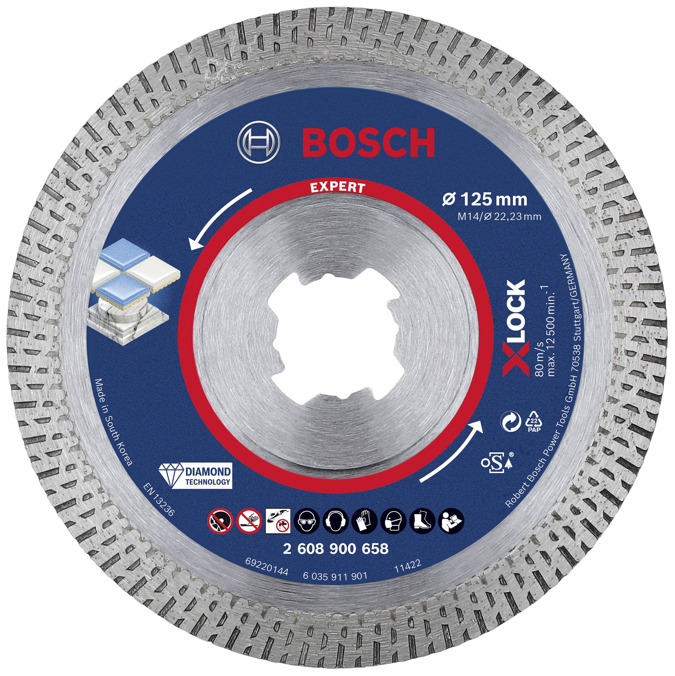 Disque diamanté Bosch, Expert X-LOCK, 125 mm, adapté pour couper le béton et la pierre, avec segments triangulaires.