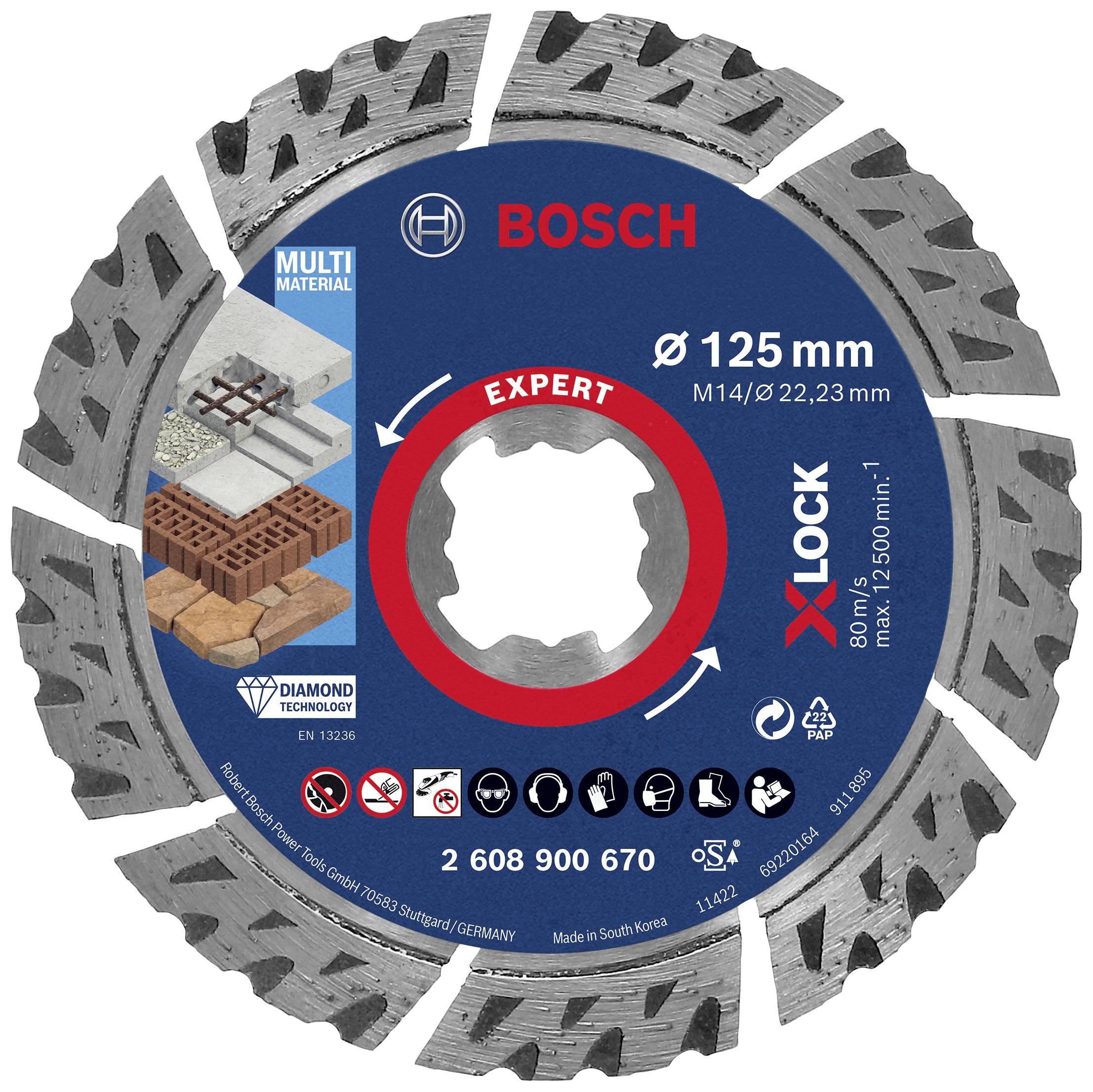 'Un disque de coupe diamanté Bosch, adapté aux matériaux en pierre et en béton, d'un diamètre de 125 mm avec fixation X-LOCK.'
