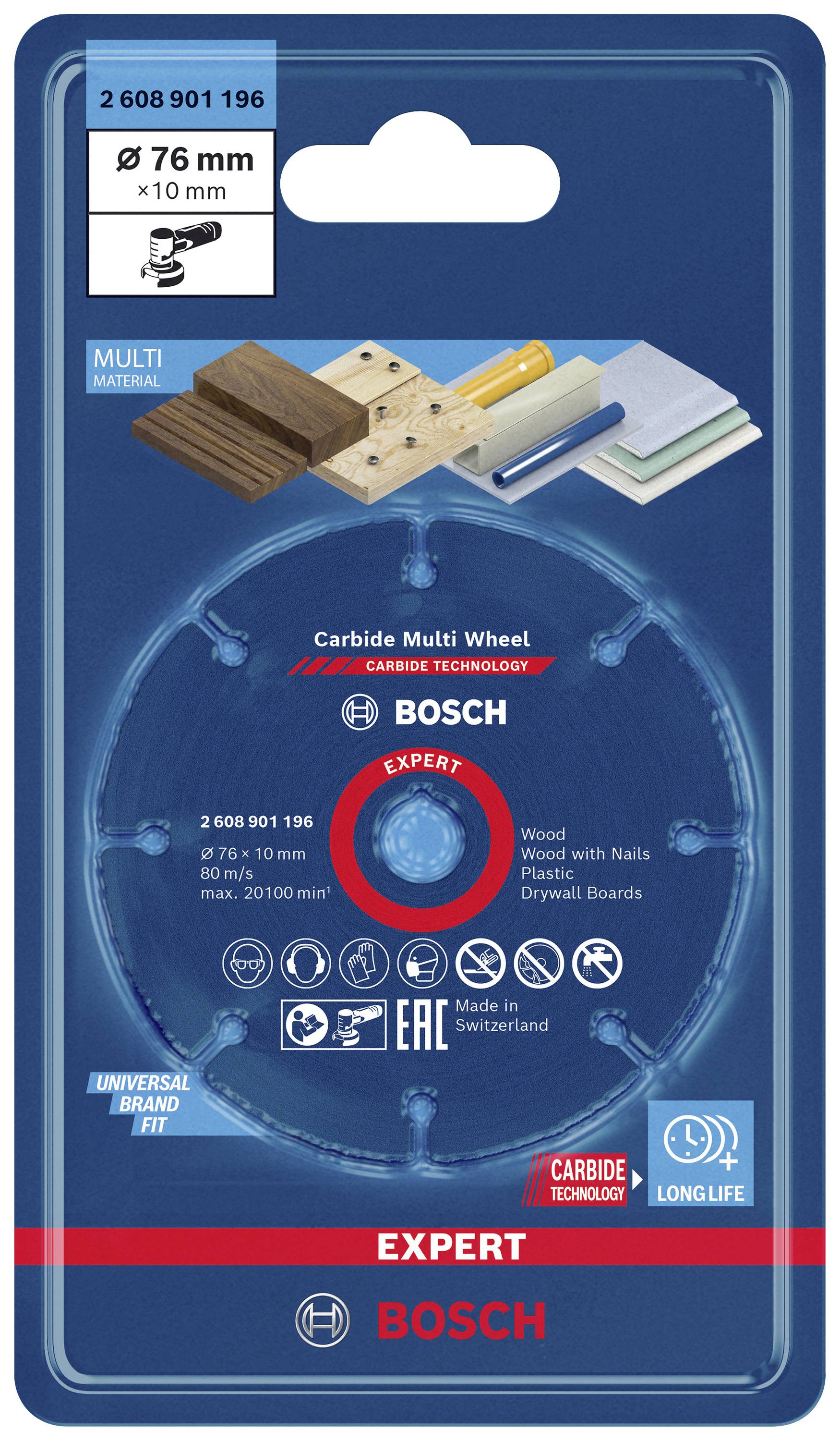 Disque de coupe Bosch Expert Multi-Matériaux, diamètre 76 mm, adapté pour le bois avec clous, le plastique et le placoplatre.