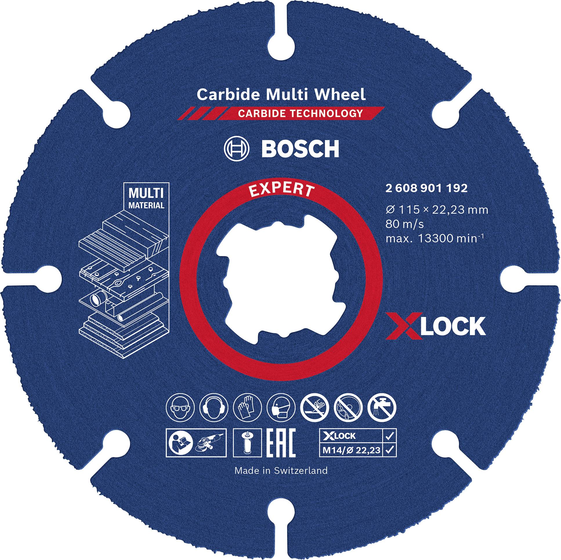 Lame de scie circulaire Bosch 'Carbide Multi Wheel', adaptée aux matériaux tels que le bois et le métal, diamètre 115 mm, vitesse maximale de 80 m/s.
