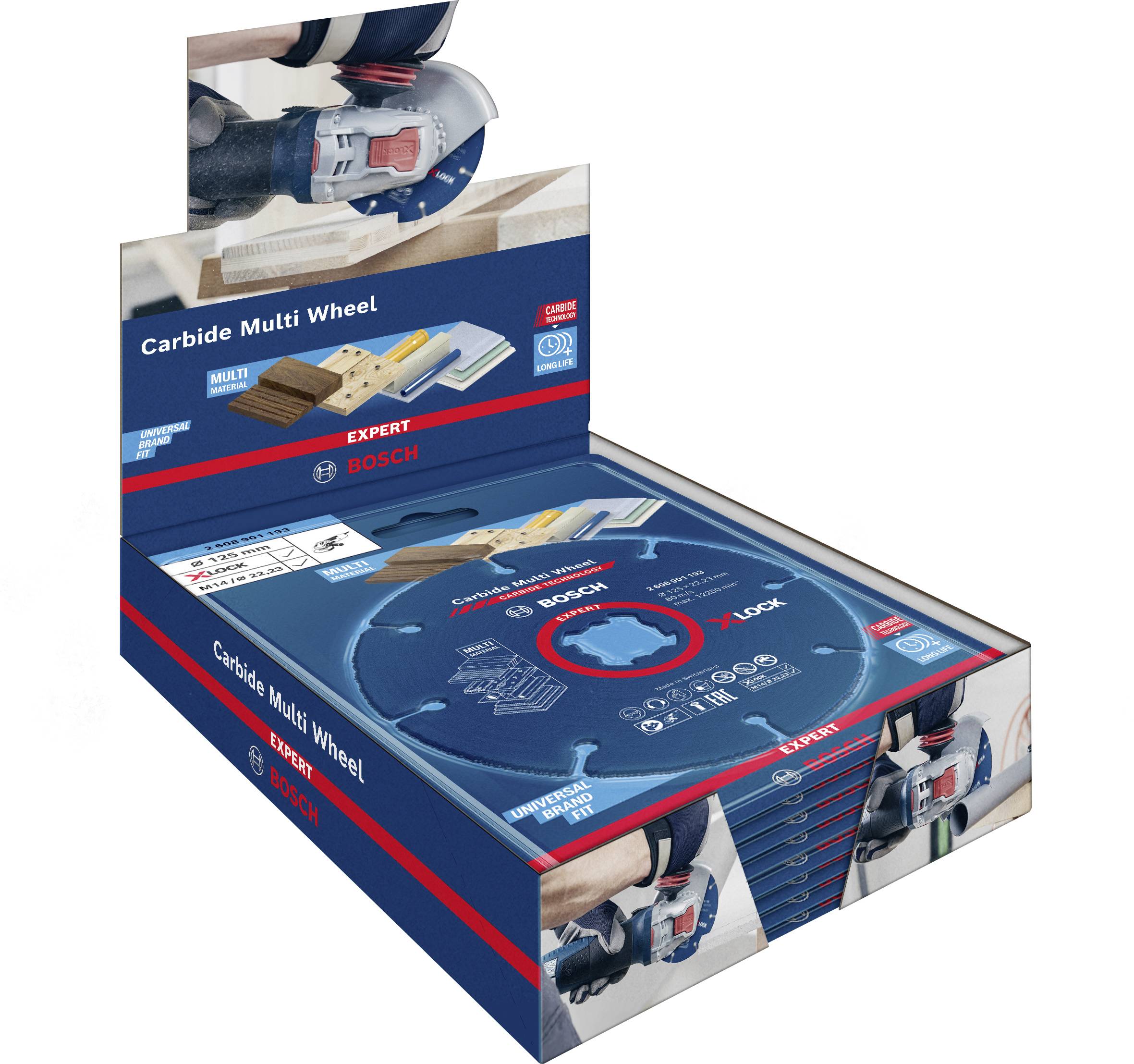 L'emballage présente un 'Carbide Multi Wheel' de Bosch, adapté au bois, au plastique et à bien d'autres matériaux. Le produit se distingue par sa polyvalence.