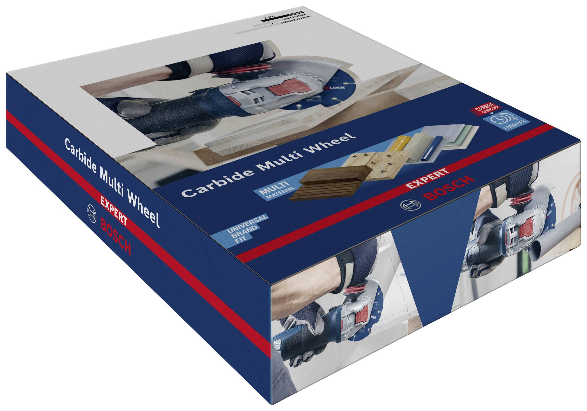Emballage du 'Bosch Expert Carbide Multi Wheel' montrant une image d'une main avec un outil en train de couper. Plusieurs matériaux sont représentés.
