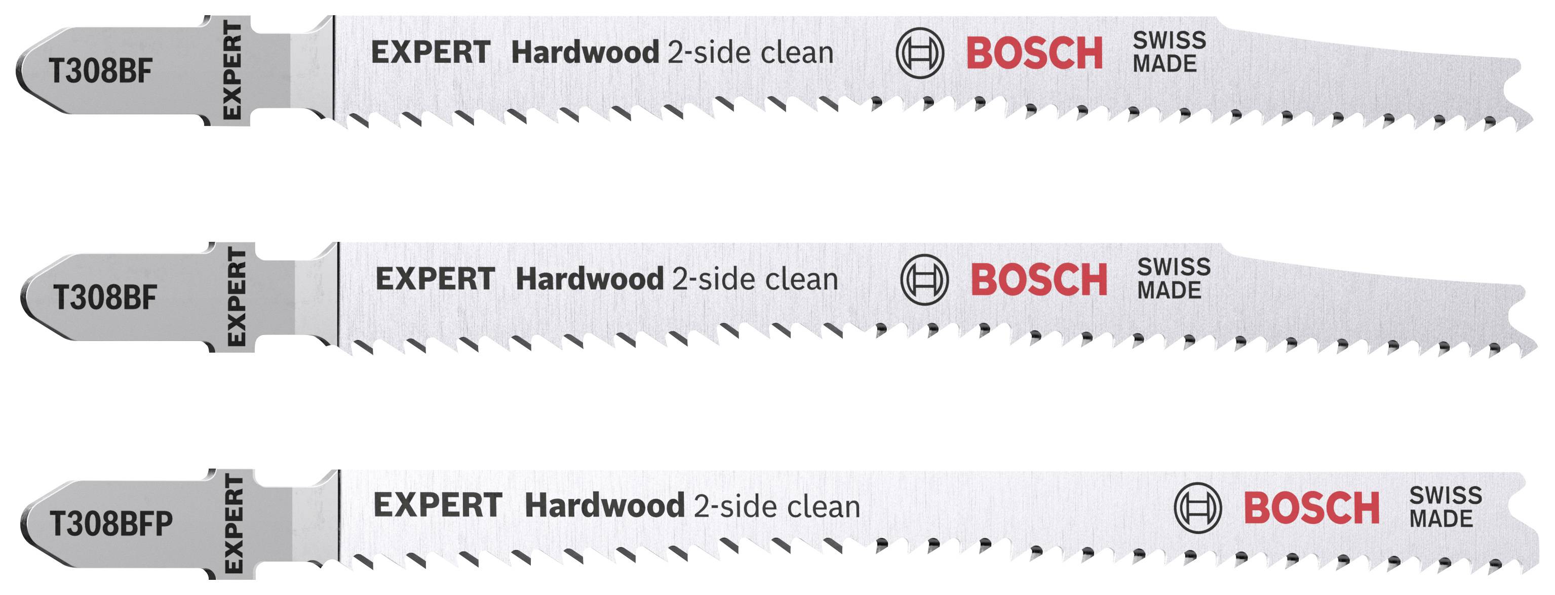 'Trois lames de scie Bosch pour bois dur portant l'inscription : EXPERT Hardwood 2-side clean. Swiss Made.'