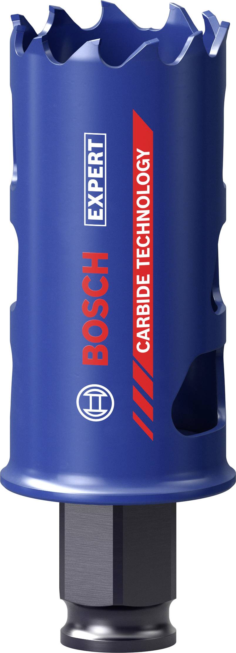 Scie cloche bleue de Bosch avec inscription 'Carbide Technology', bord dentelé, adaptée pour le perçage précis dans des matériaux métalliques.