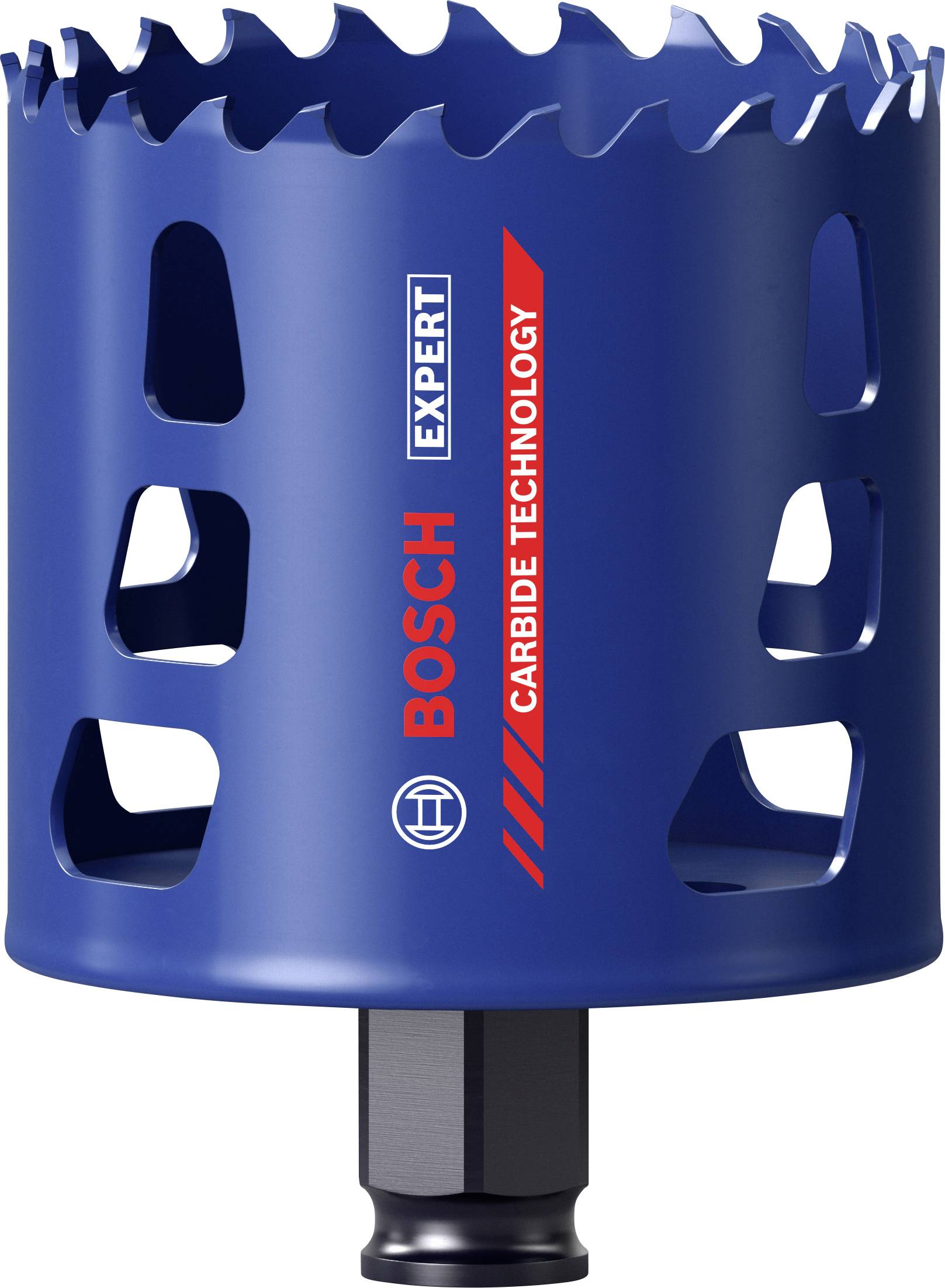 Embout de scie à trépan Bosch bleu avec inscription rouge 'CARBIDE TECHNOLOGY', bord dentelé et plusieurs fentes de ventilation.