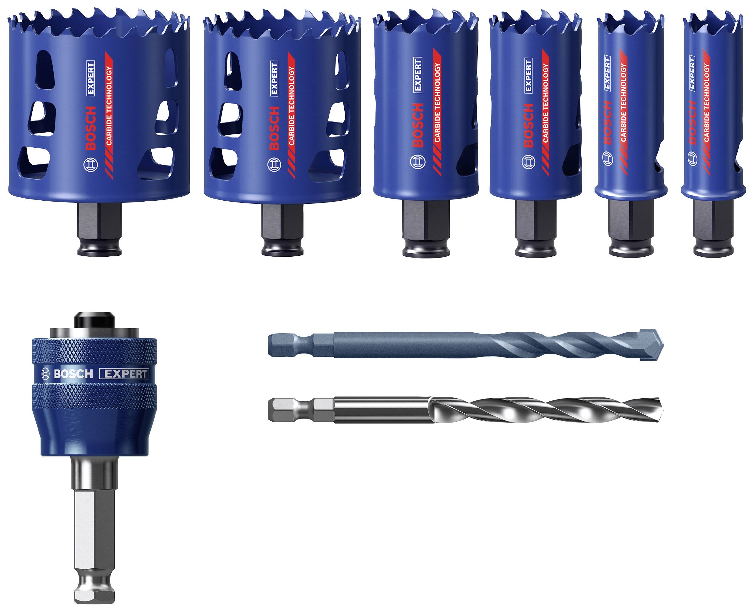 Coffret de scies-cloches et de forets Bosch Expert. Cinq tailles différentes de scies-cloches en haut, avec deux forets et un adaptateur de mèche en dessous.