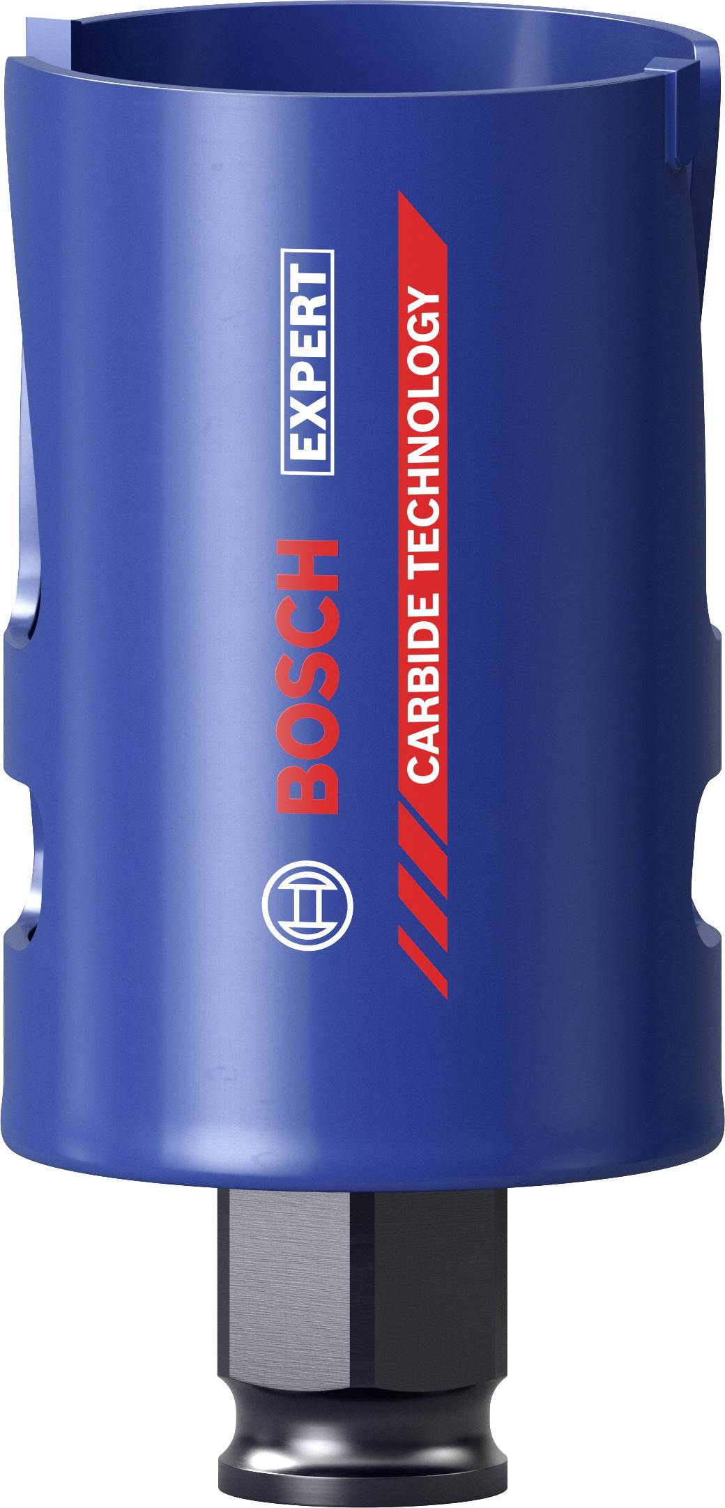 Scie cloche en métal bleu cobalt portant l'inscription 'Bosch Expert Carbide Technology', adaptée pour le perçage précis dans des matériaux durs.