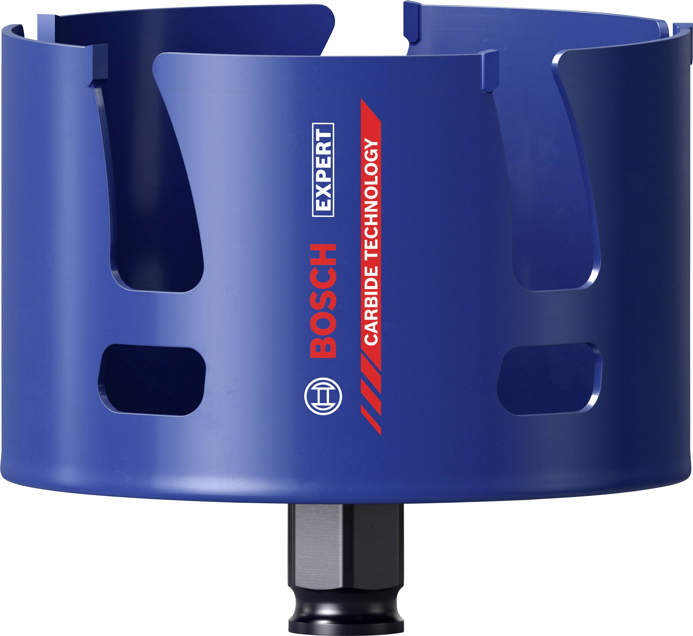 Scie circulaire Bosch bleue avec marquage 'EXPERT' et 'CARBIDE TECHNOLOGY', adaptée pour le perçage précis dans des matériaux durs.