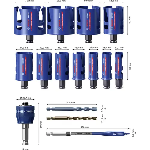 Bosch Accessories EXPERT Construction 2608900489 Jeu de scies-cloches 15 pièces 20 mm, 22 mm, 25 mm, 32 mm, 35 mm, 40 mm, 44 mm Bosch Accessories EXPERT Construction 2608900489 Jeu de scies-cloches 15 pièces 20 mm, 22 mm, 25 mm, 32 mm, 35 mm, 40 mm, 44 mm