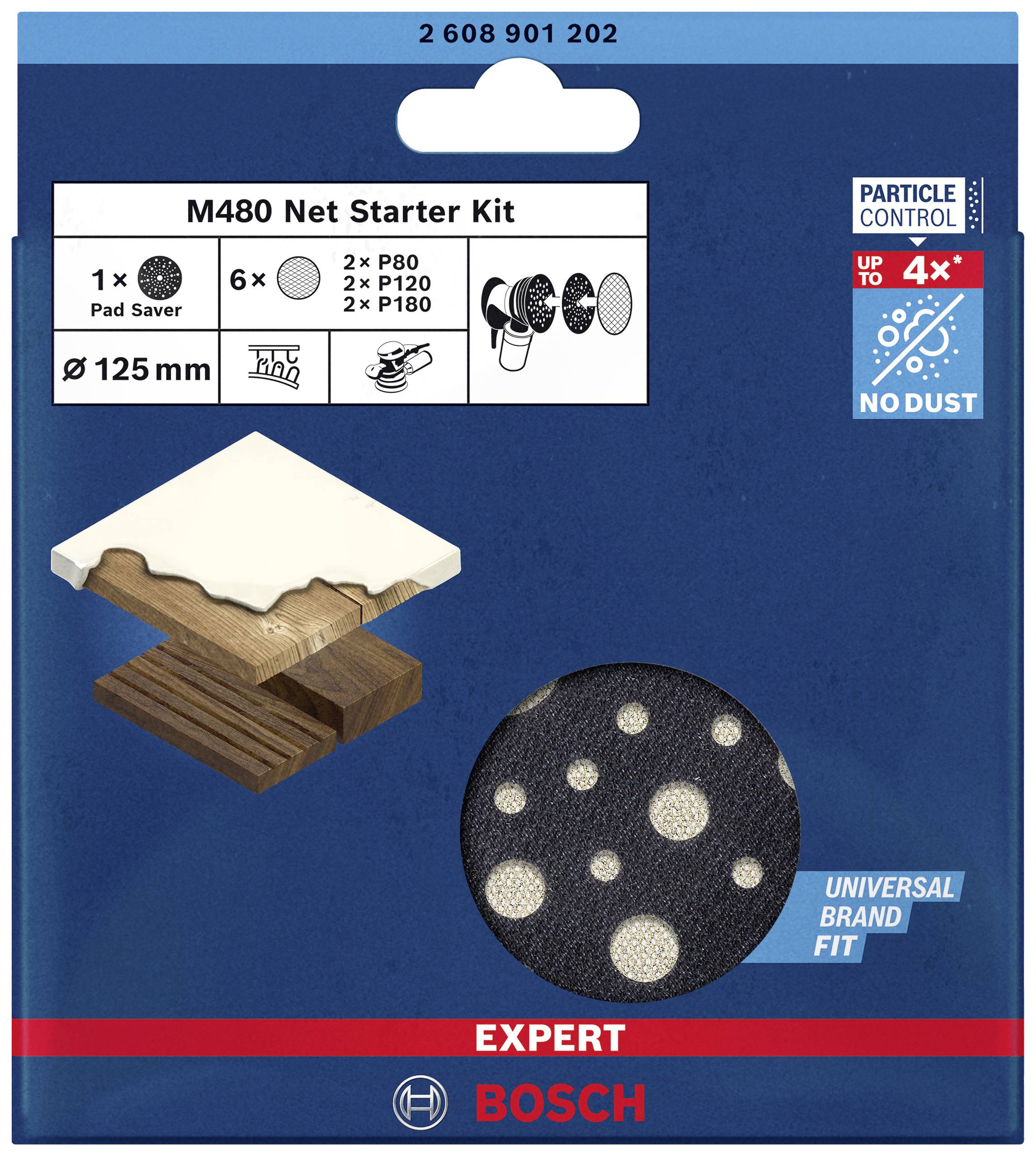 Kit de démarrage Bosch M480 Net, Filet de ponçage pour bois, contient 1 x Pad Saver, 6 filets (2 x P80, 2 x P120, 2 x P180), Adaptation universelle.