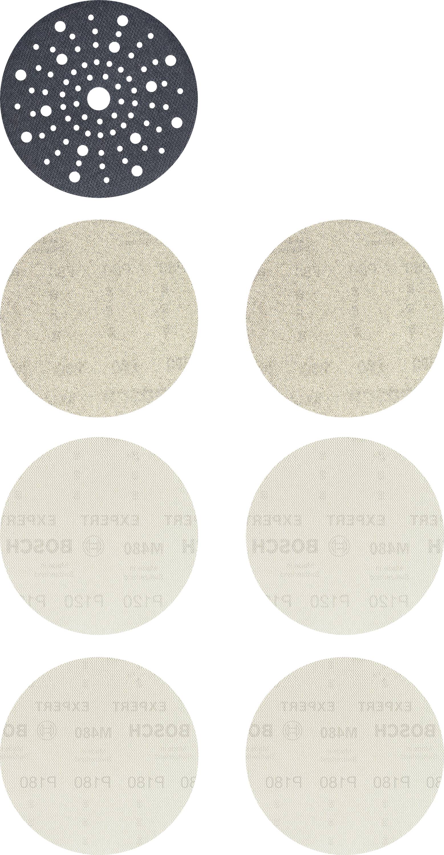 Disques de papier abrasif avec différentes granulométries et motifs de perçage, adaptés aux machines à poncer. En haut : disque noir, en bas : disques clairs en quatre paires.