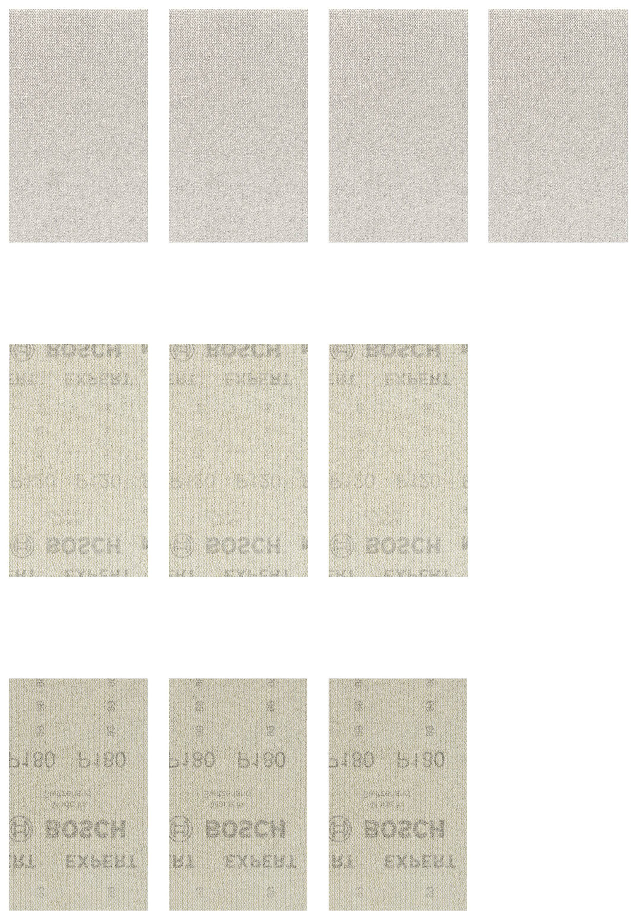 Plusieurs feuilles de papier de verre à différents grains, disposées en trois rangées.