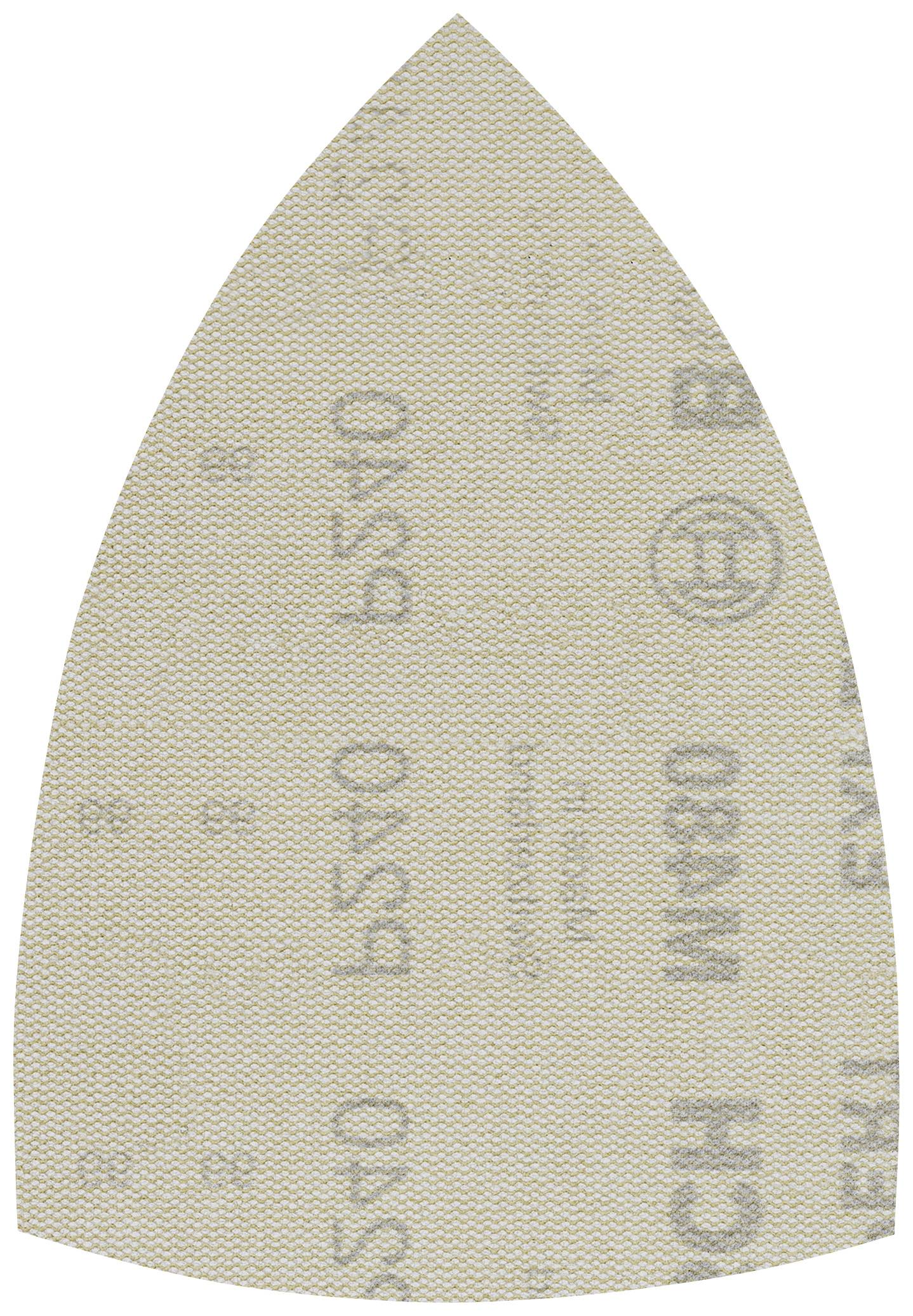 Papier abrasif en arc de cercle à grain fin, de couleur beige. Impressions de marque et numéros de modèle visibles. Adapté pour le lissage des surfaces.