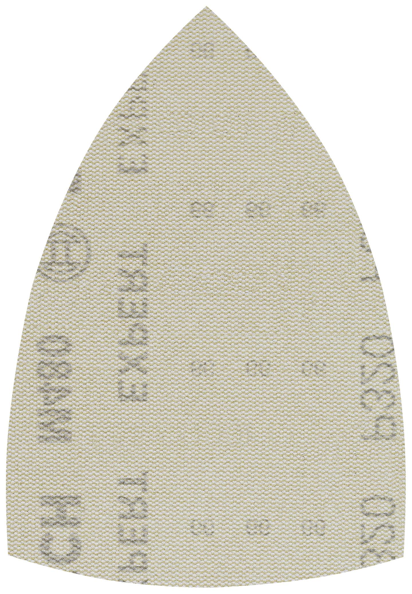 Papier de verre en forme de fer à repasser, gris-beige, avec des abréviations et des chiffres imprimés.