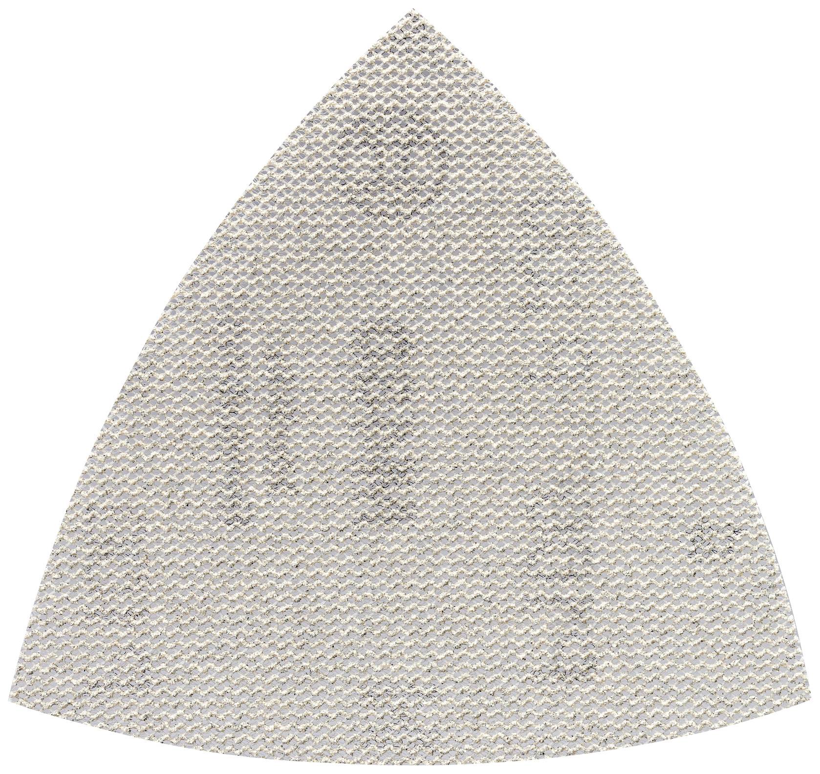Papier de verre gris, triangulaire, à surface finement texturée, adapté pour le ponçage fin du bois ou d'autres matériaux.