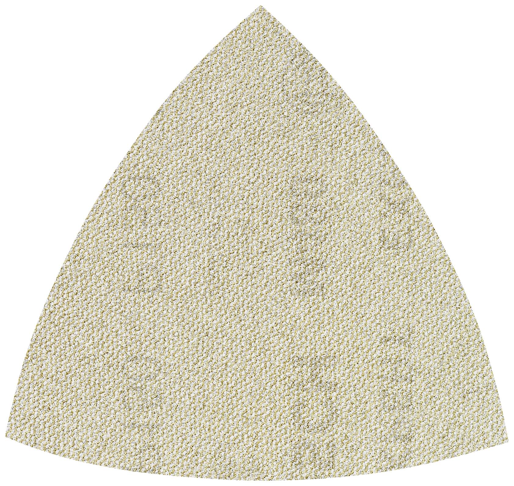 Un papier de verre triangulaire de couleur neutre, adapté aux ponceuses pour un lissage en douceur des surfaces.