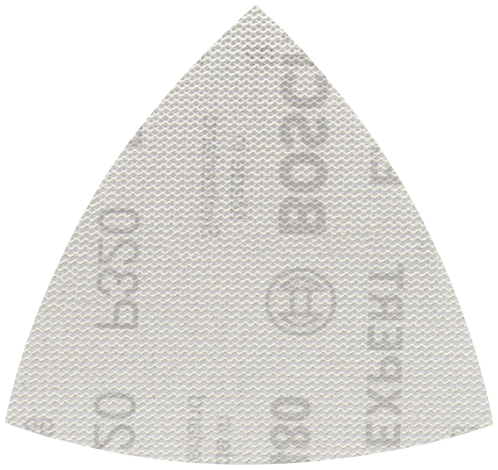 Papier de verre triangulaire à grain fin, adapté aux ponceuses, avec des impressions indistinctes sur la surface.
