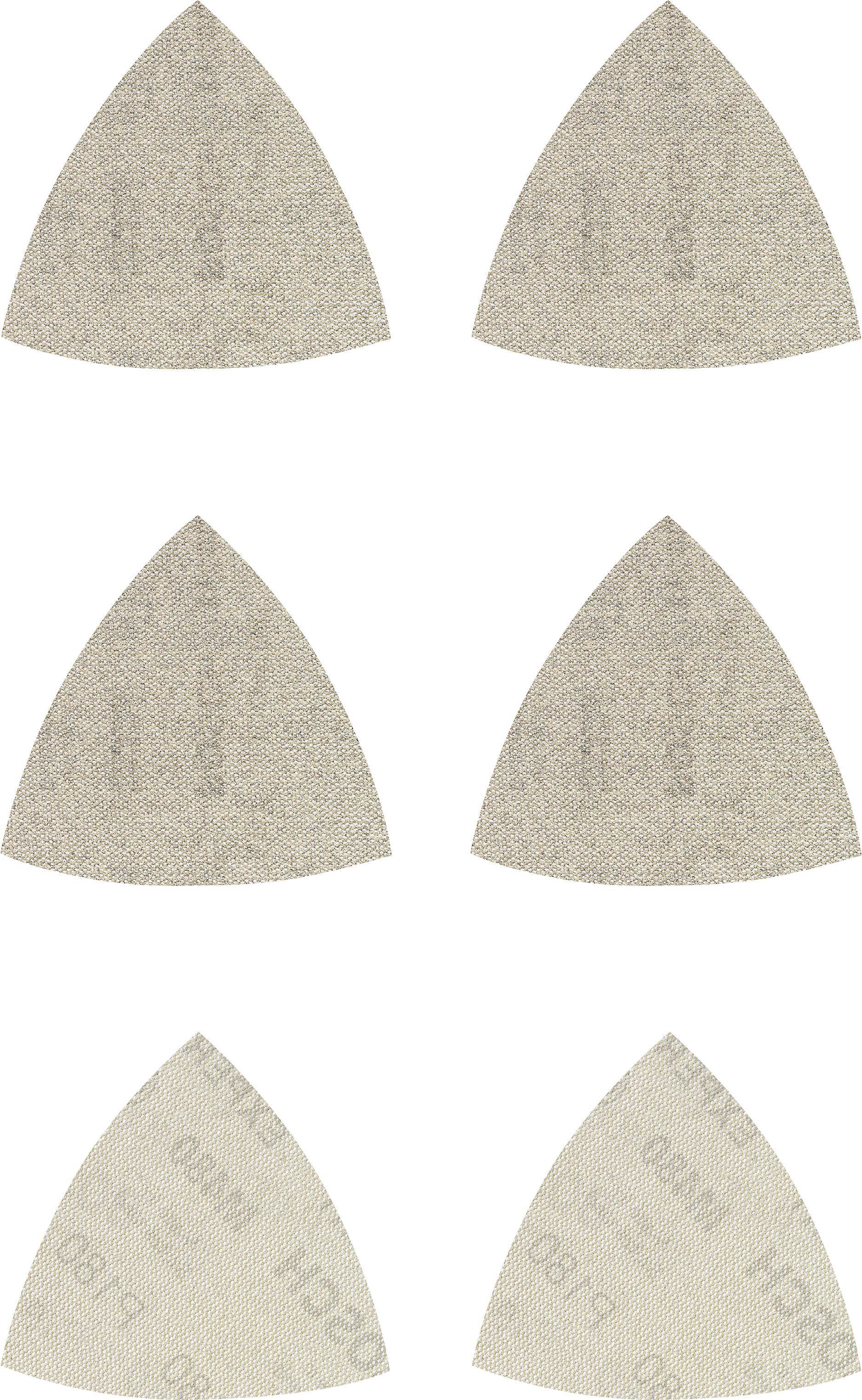 Six feuilles de papier de verre triangulaires disposées en deux rangées. Structure de surface visible. Deux feuilles portent l'inscription 'P80 BOSCH'.