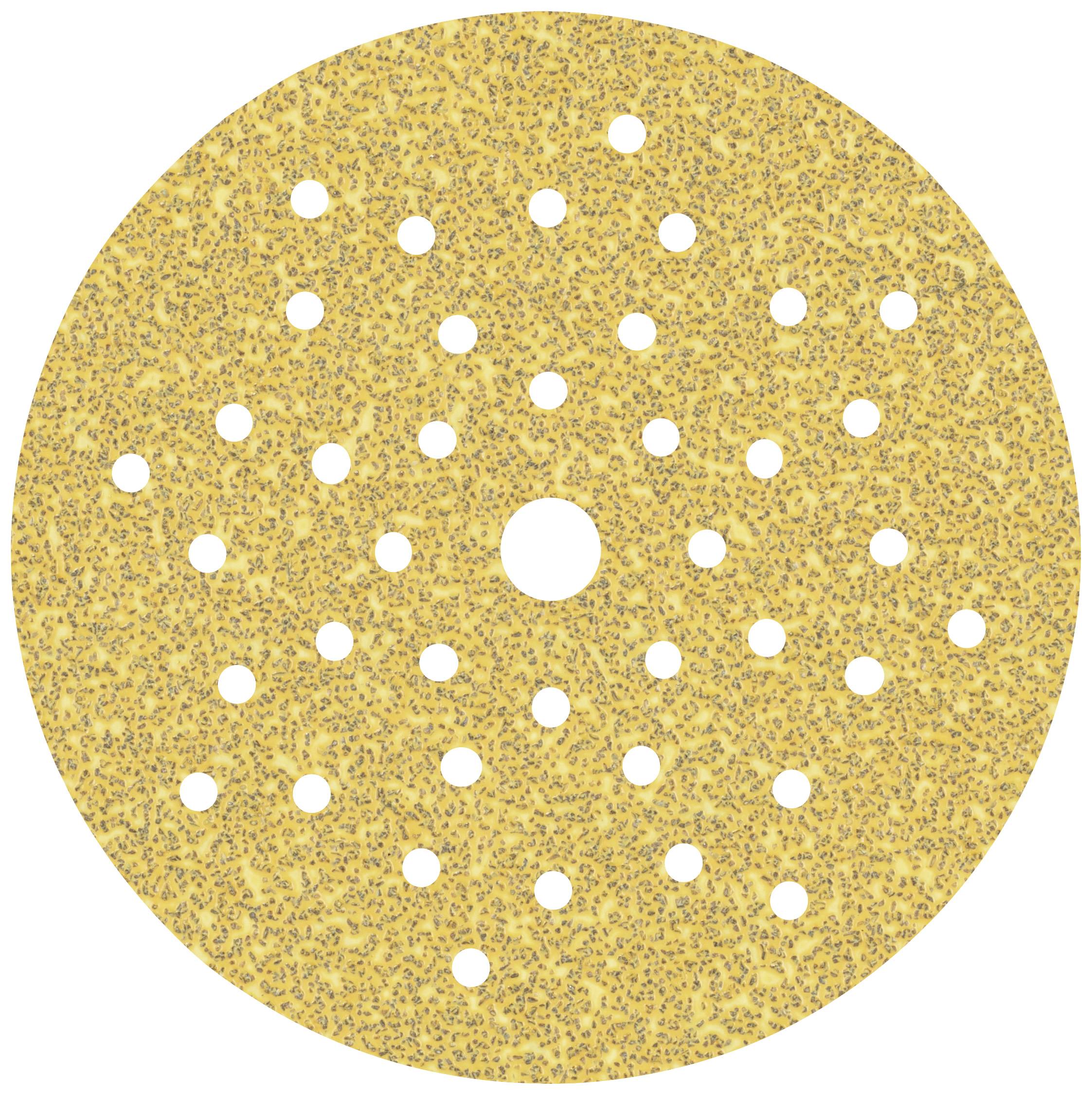 Disque abrasif en papier de verre jaune avec plusieurs trous disposés en cercle.