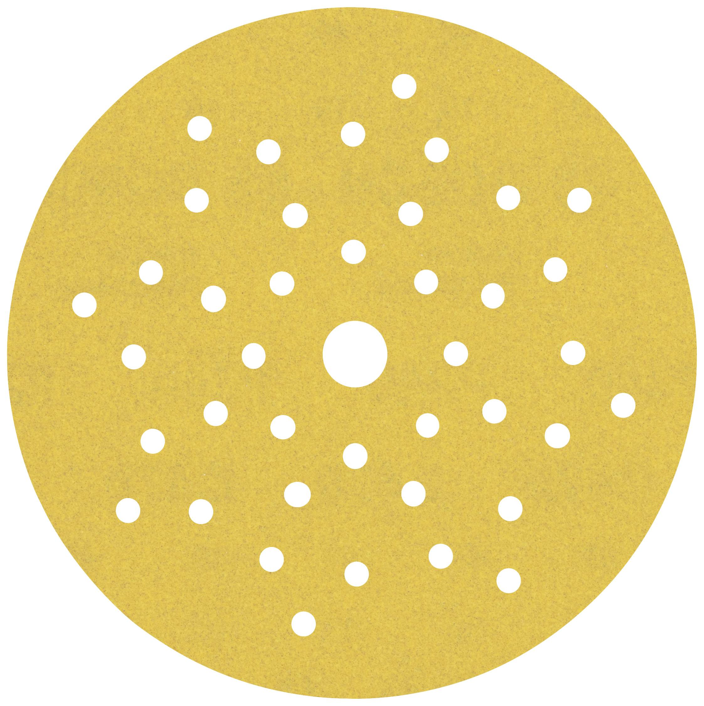 Disque de ponçage circulaire en papier abrasif jaune, percé de plusieurs petits trous, utilisé pour les outils de ponçage.