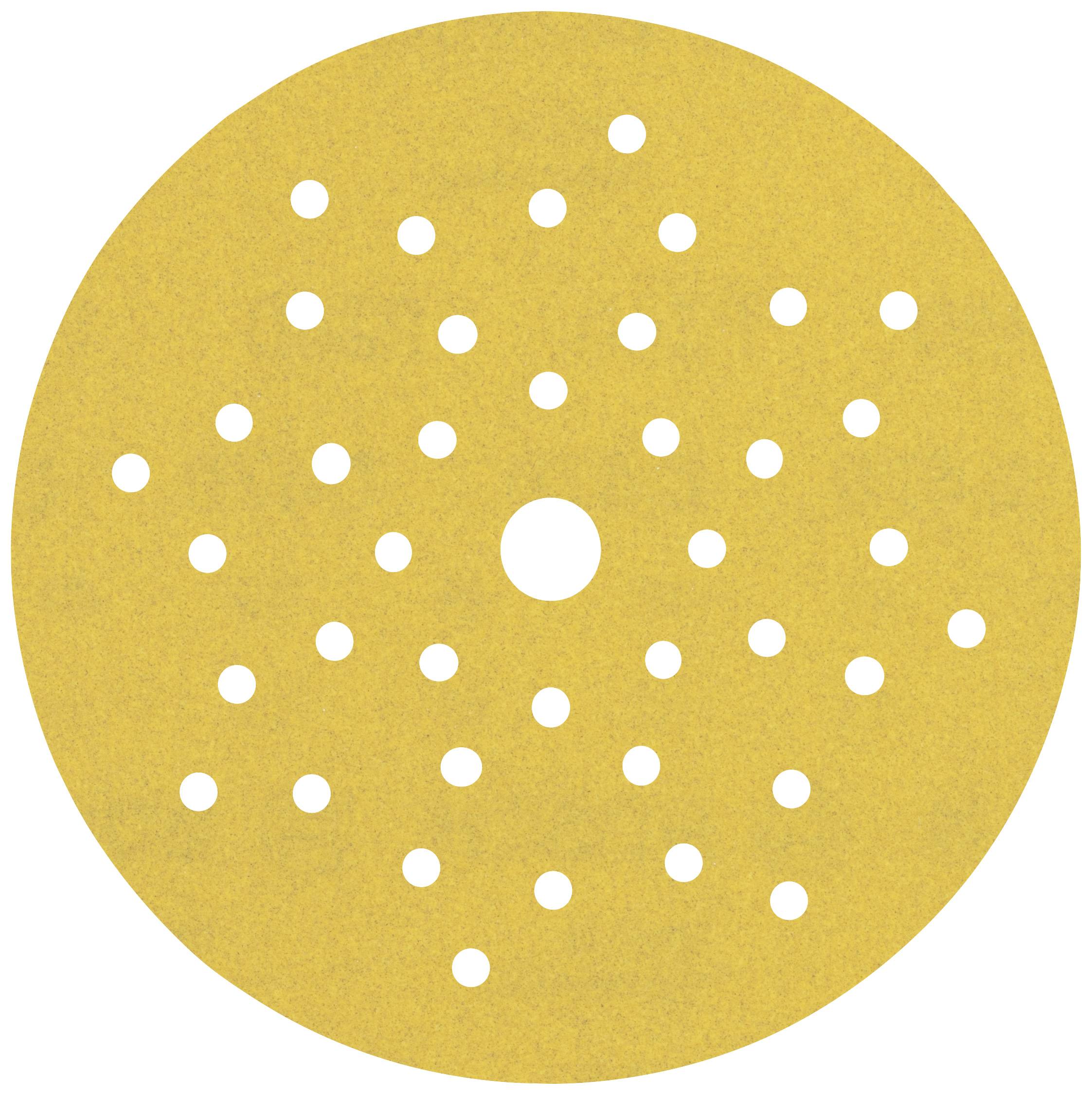 Disque de ponçage rond jaune avec plusieurs petits trous et un grand trou central, utilisé pour les machines à poncer.