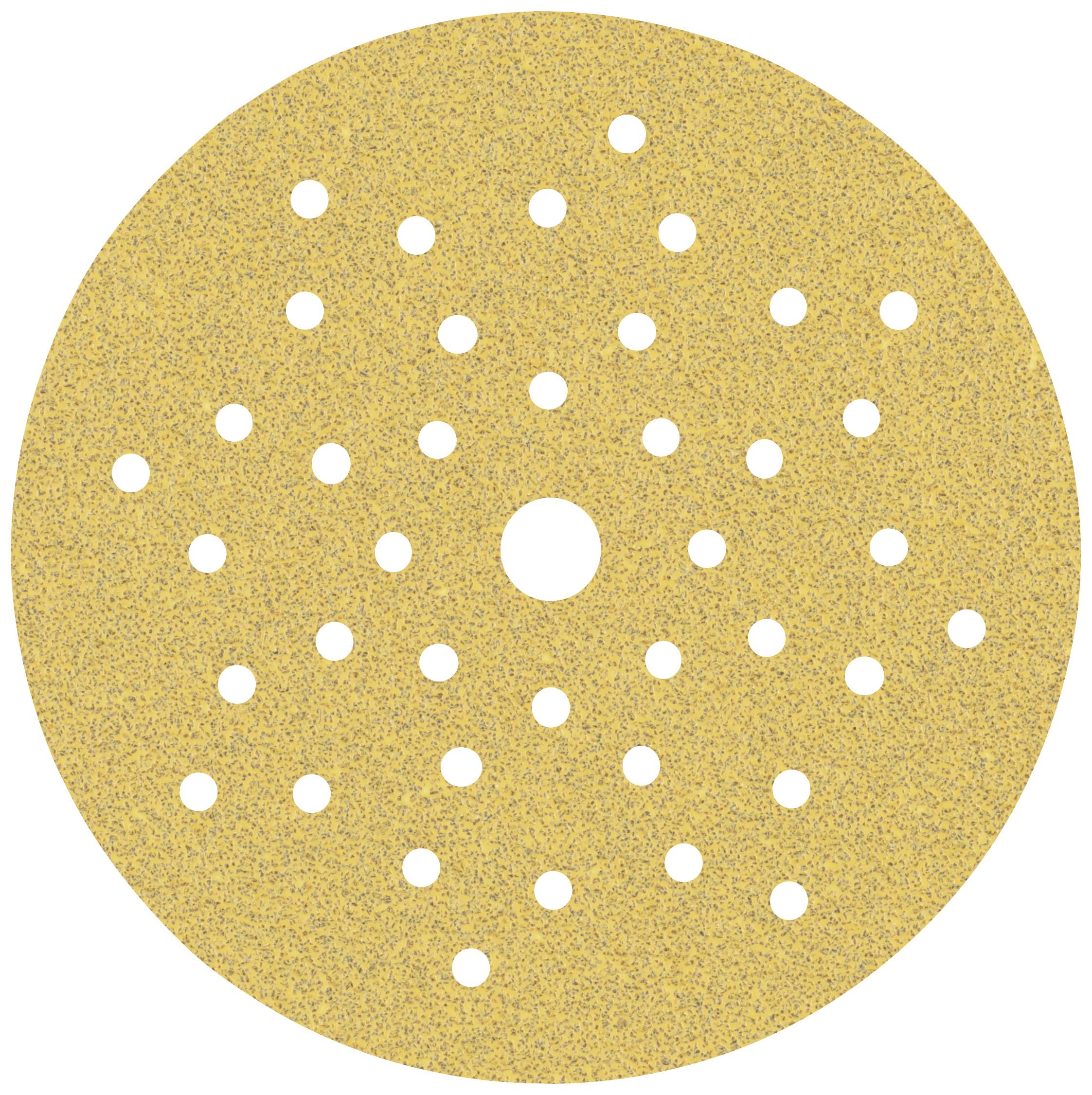 Disque abrasif circulaire de couleur jaunâtre, percé de plusieurs trous, conçu pour être installé sur une machine à poncer. Adapté aux travaux de menuiserie.