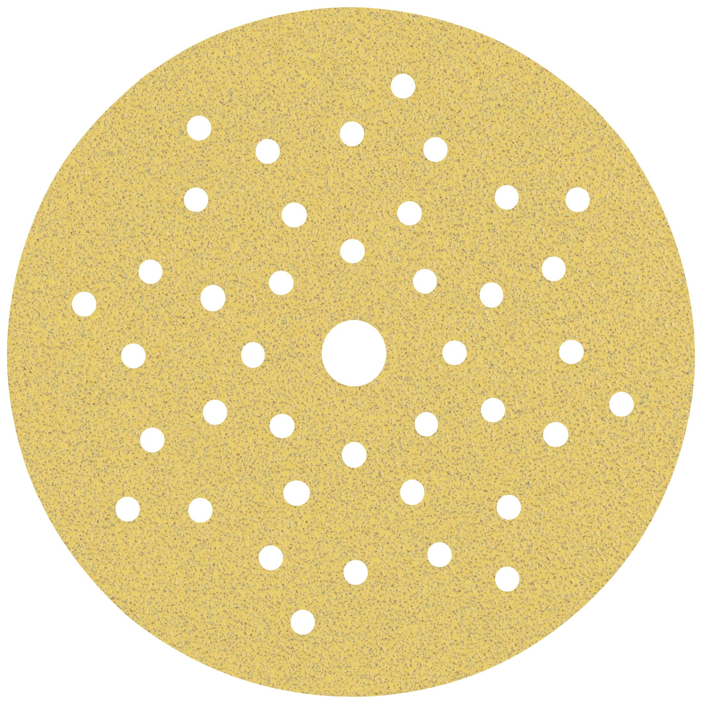 Disque de ponçage jaune avec plusieurs trous pour l'aspiration de la poussière. Utilisé pour poncer des matériaux tels que le bois ou le métal.