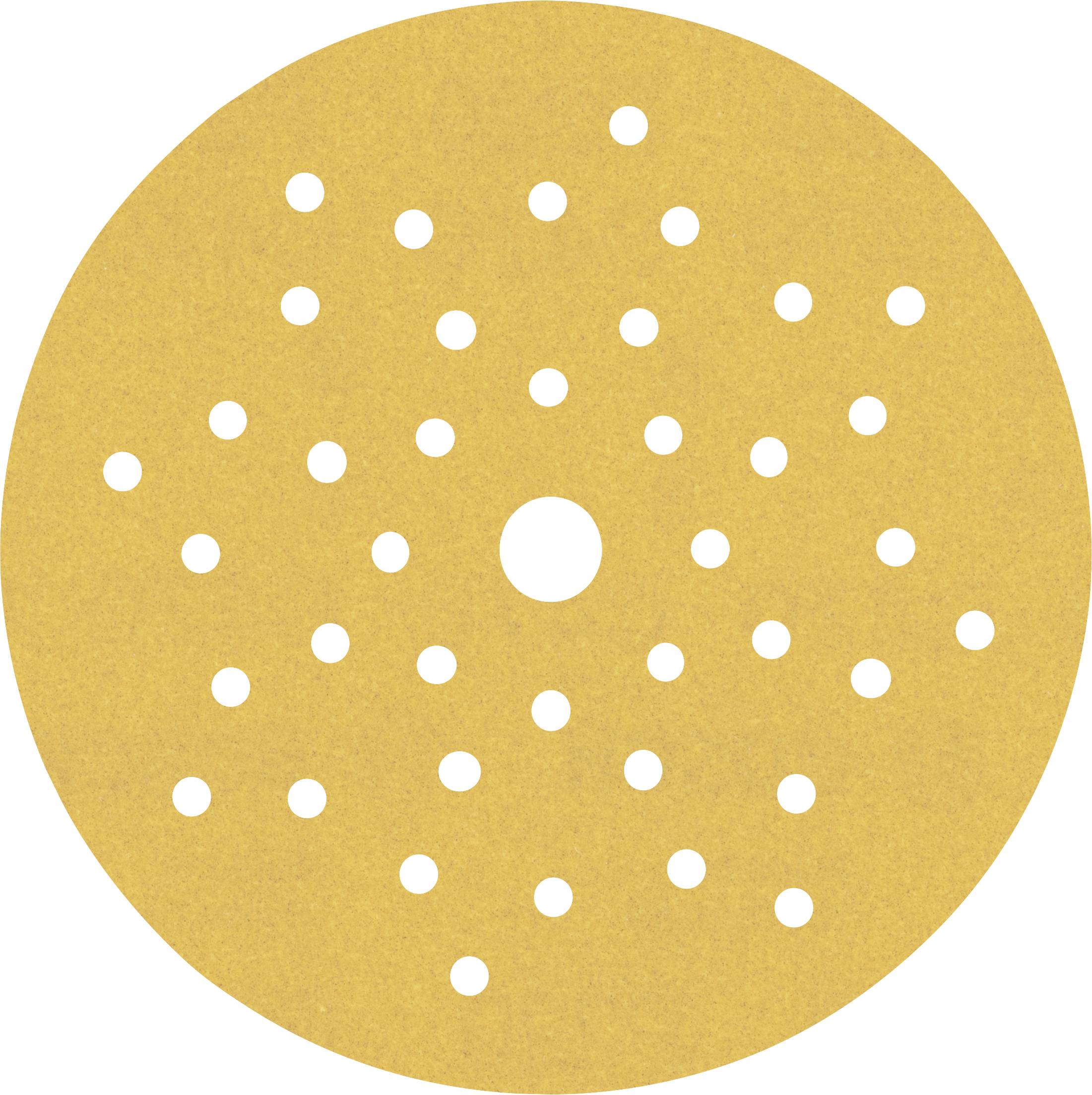 Un papier de verre rond jaune avec de nombreux petits trous, disposés symétriquement et présentant un trou plus grand au centre.